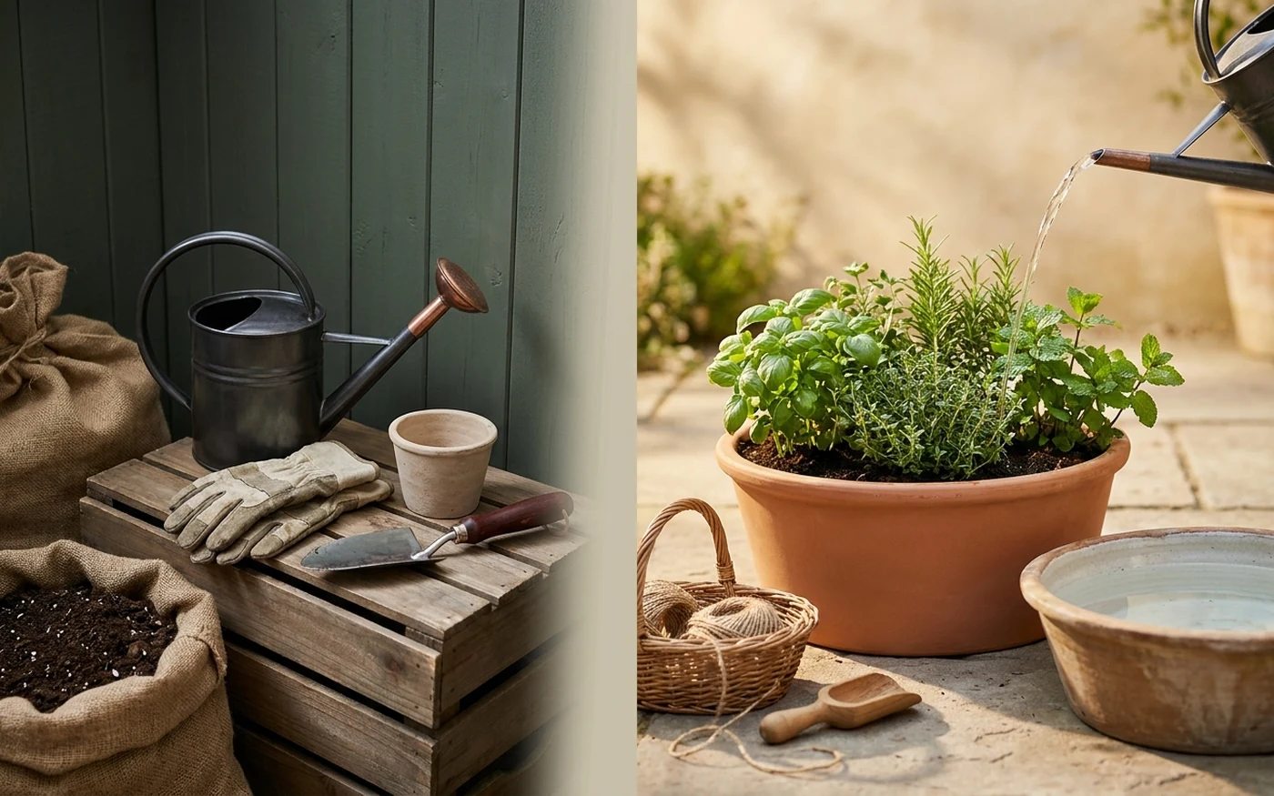 Split scene comparing garden gear in a shady corner with a sunny container near water