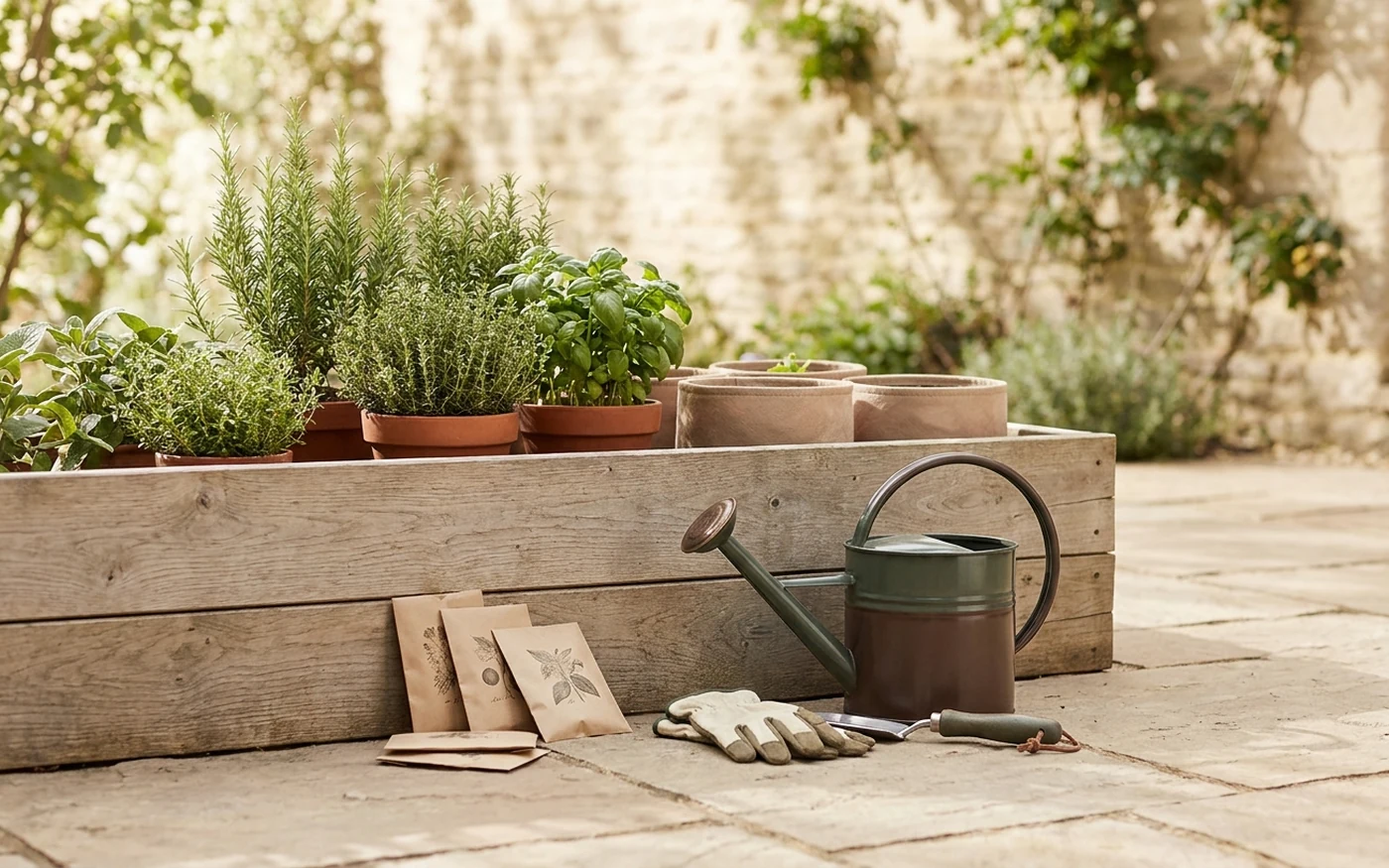 Warm backyard patio scene with one neat raised bed, herbs, watering can, gloves and seed packets