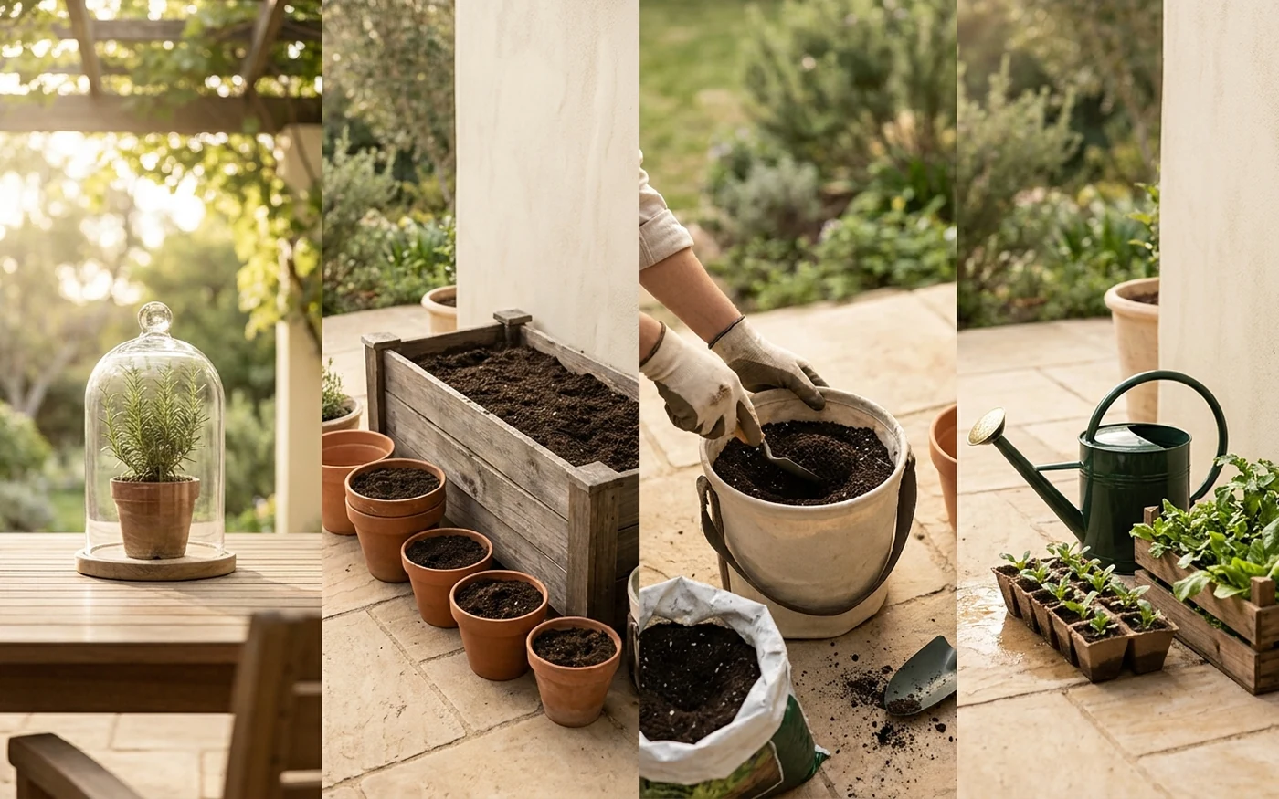Four step growing readiness visual showing sun, container or bed, soil and water