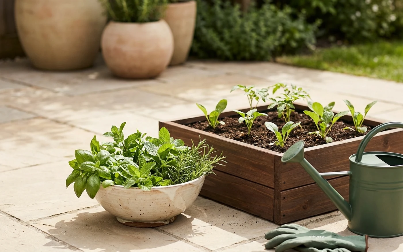 Small bowl of herbs and greens beside a matching container garden setup