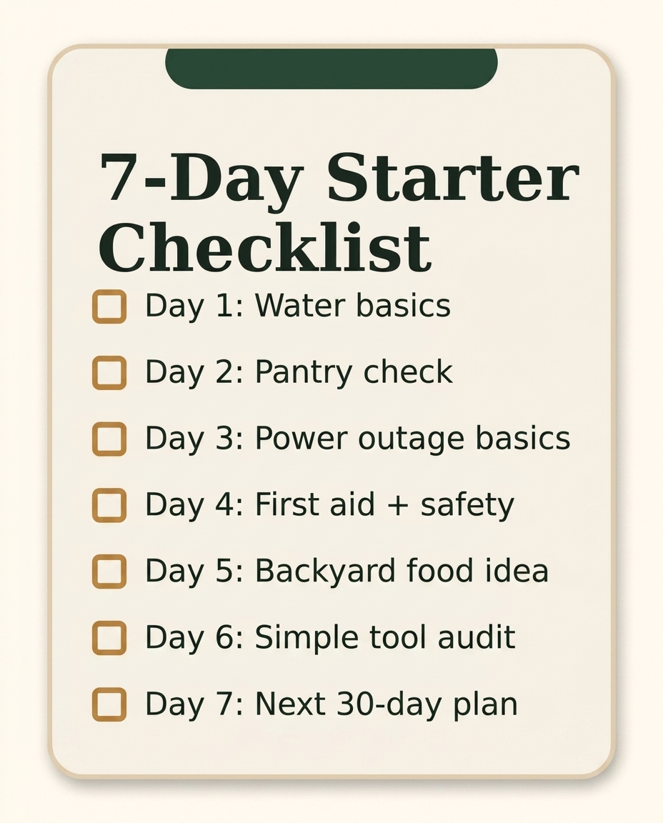 Clean mobile-friendly preview of the Self Reliance Daily 7-Day Starter Checklist