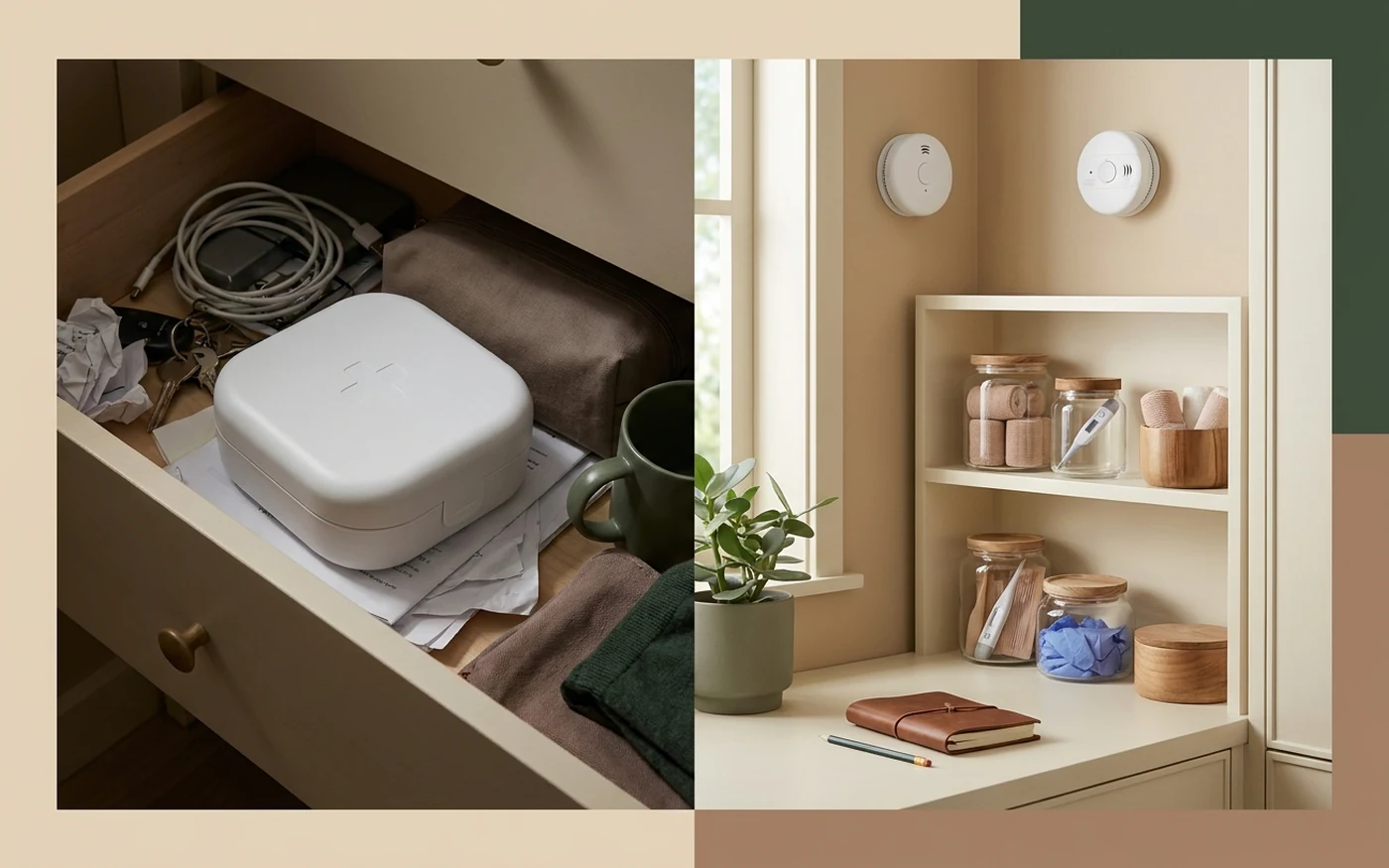 Split scene comparing an unopened first aid kit in a drawer with a customized visible safety station