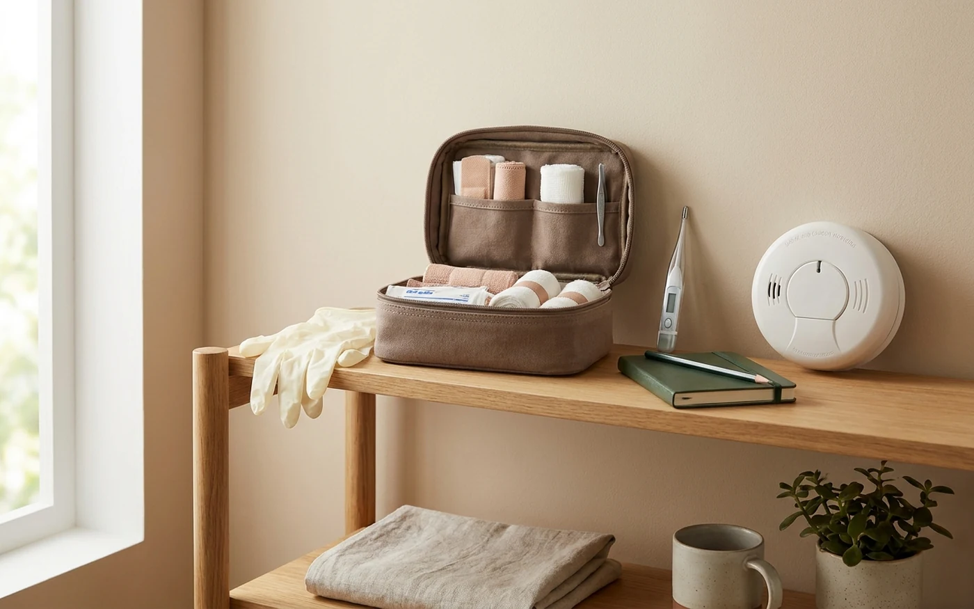 Premium home safety station with first aid case, bandages, gloves, thermometer, contacts notebook and smoke alarm
