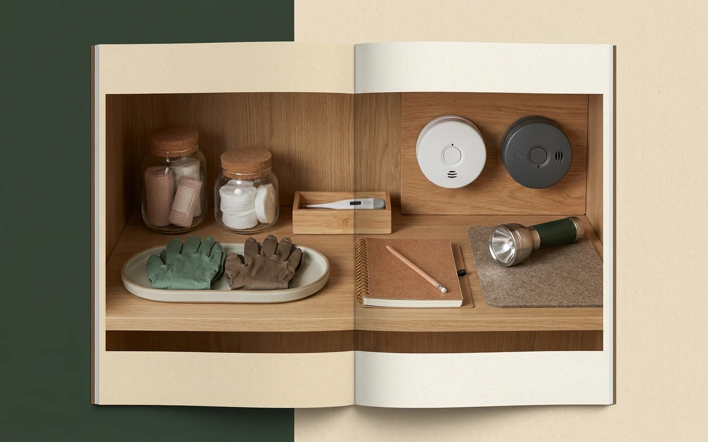 Organized cabinet safety station with first aid supplies, personal notes, flashlight and alarms