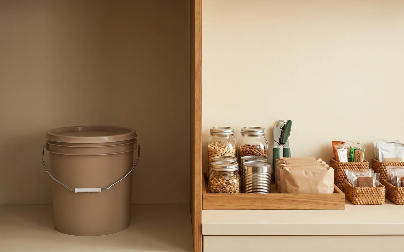 Split scene comparing a generic bucket with an organized three day pantry tray