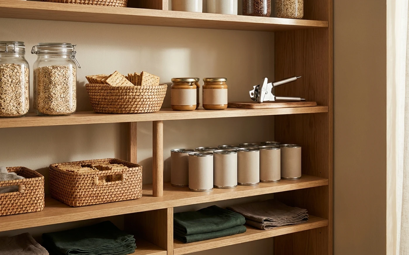 Premium pantry shelf with canned foods, crackers, oats, peanut butter and a manual can opener