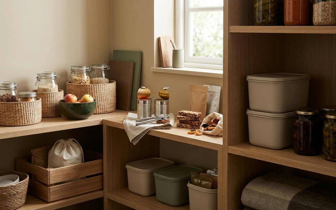 Three step food readiness visual showing familiar pantry foods, no cook meals and longer backup storage
