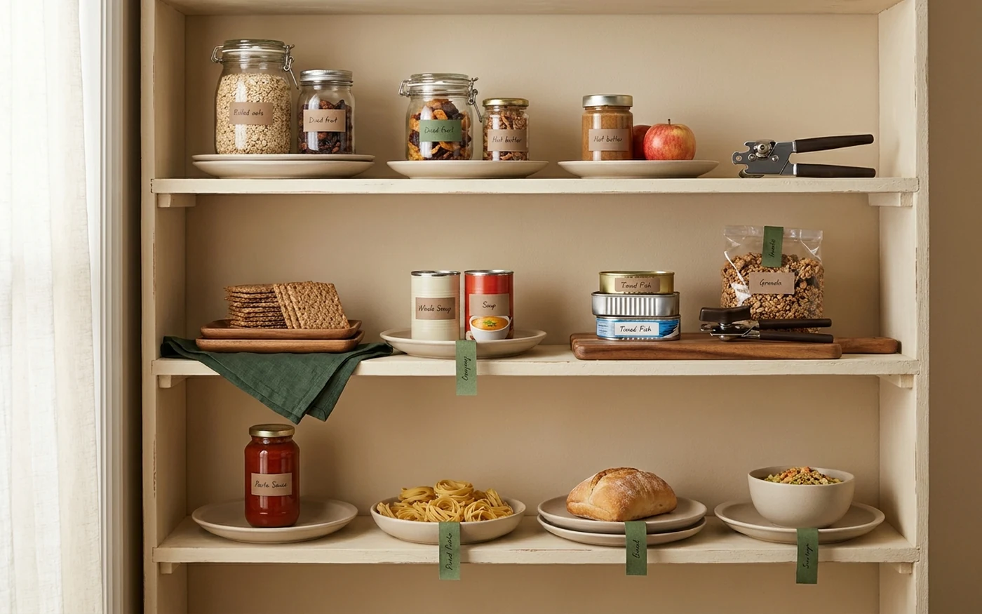 Organized three day meal grid with pantry foods and simple no cook meals