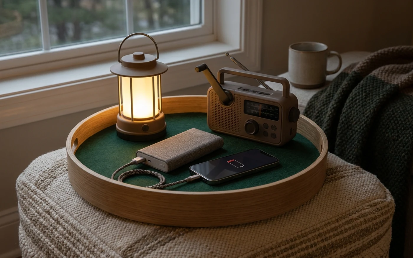 Warm outage essentials tray with lantern, phone power bank and radio in a calm home setting