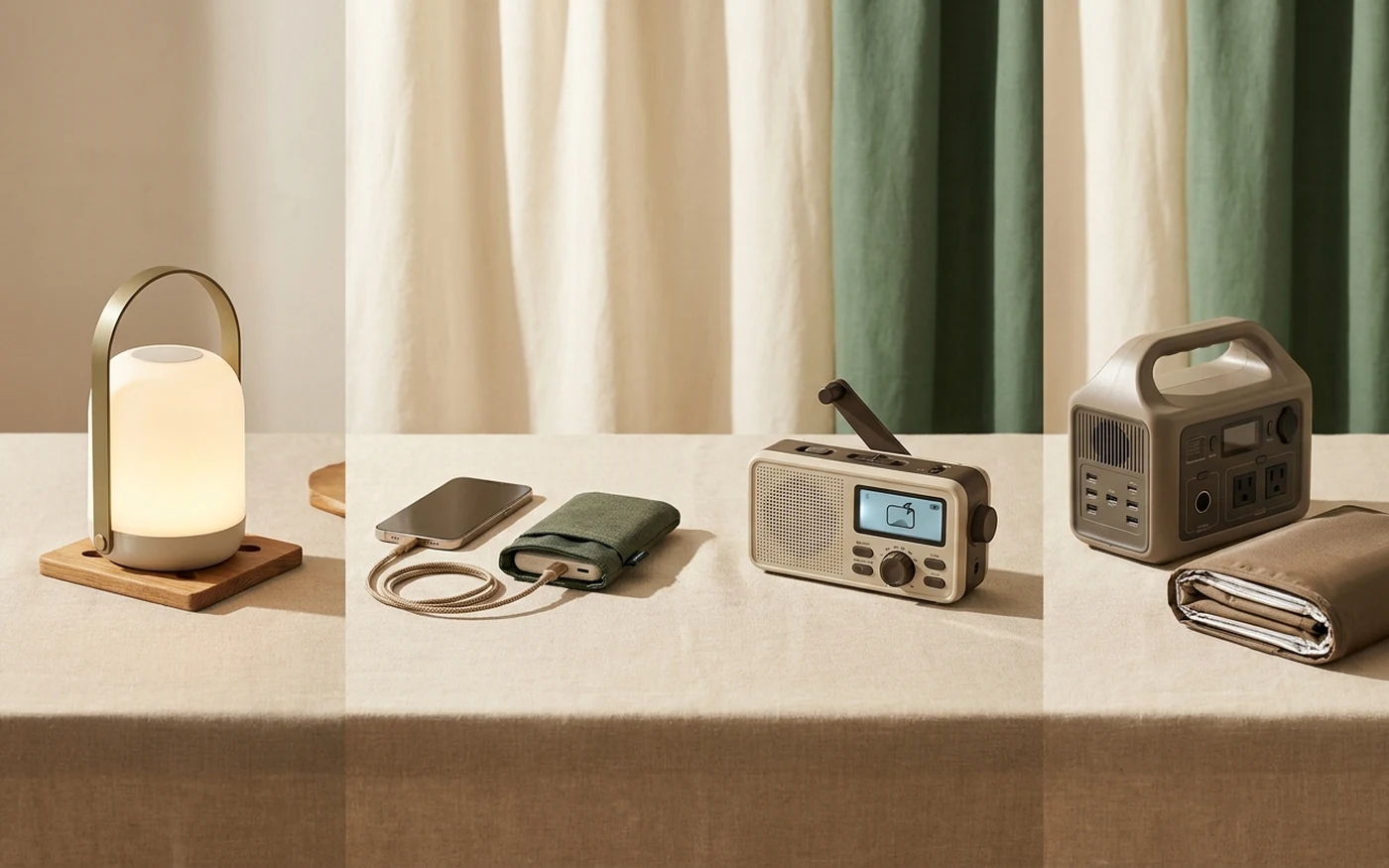 Four step power readiness visual showing light, phone charging, alerts and backup power