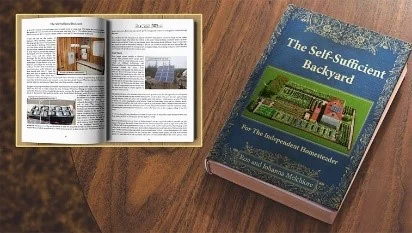 Official The Self-Sufficient Backyard book mockup on a wooden table