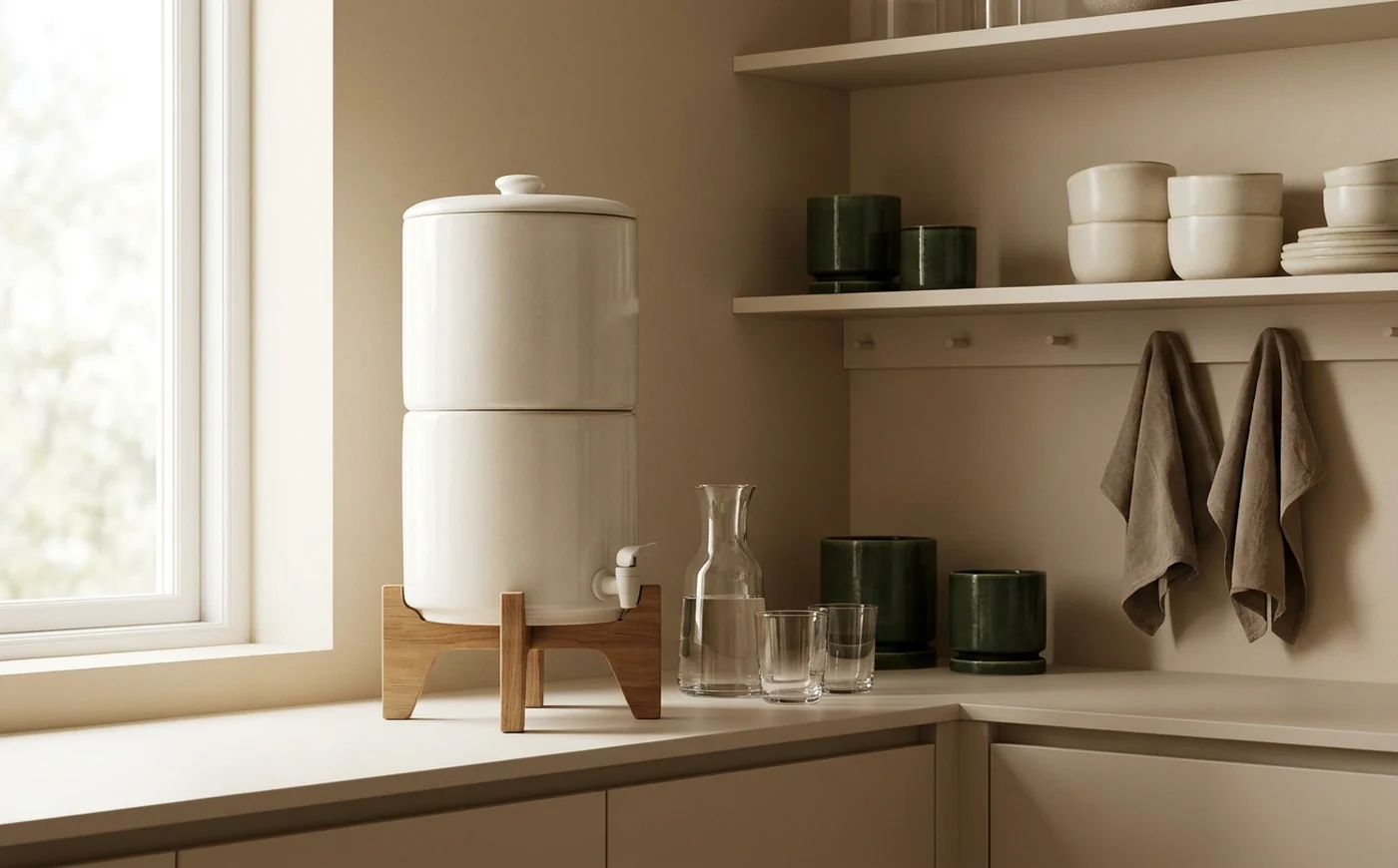 Countertop gravity water filter in a calm kitchen