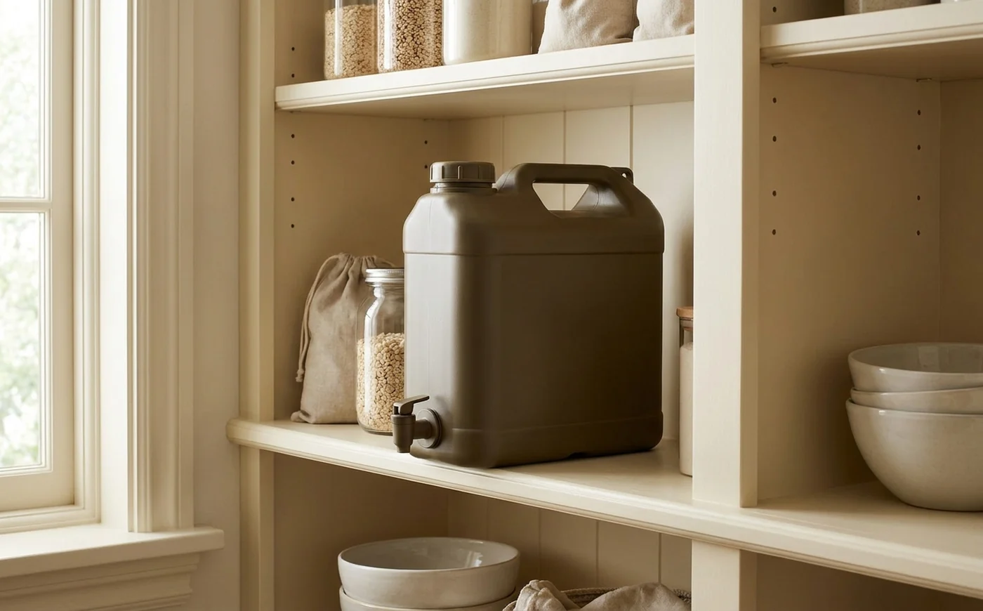 Food-grade water storage container on a warm pantry shelf