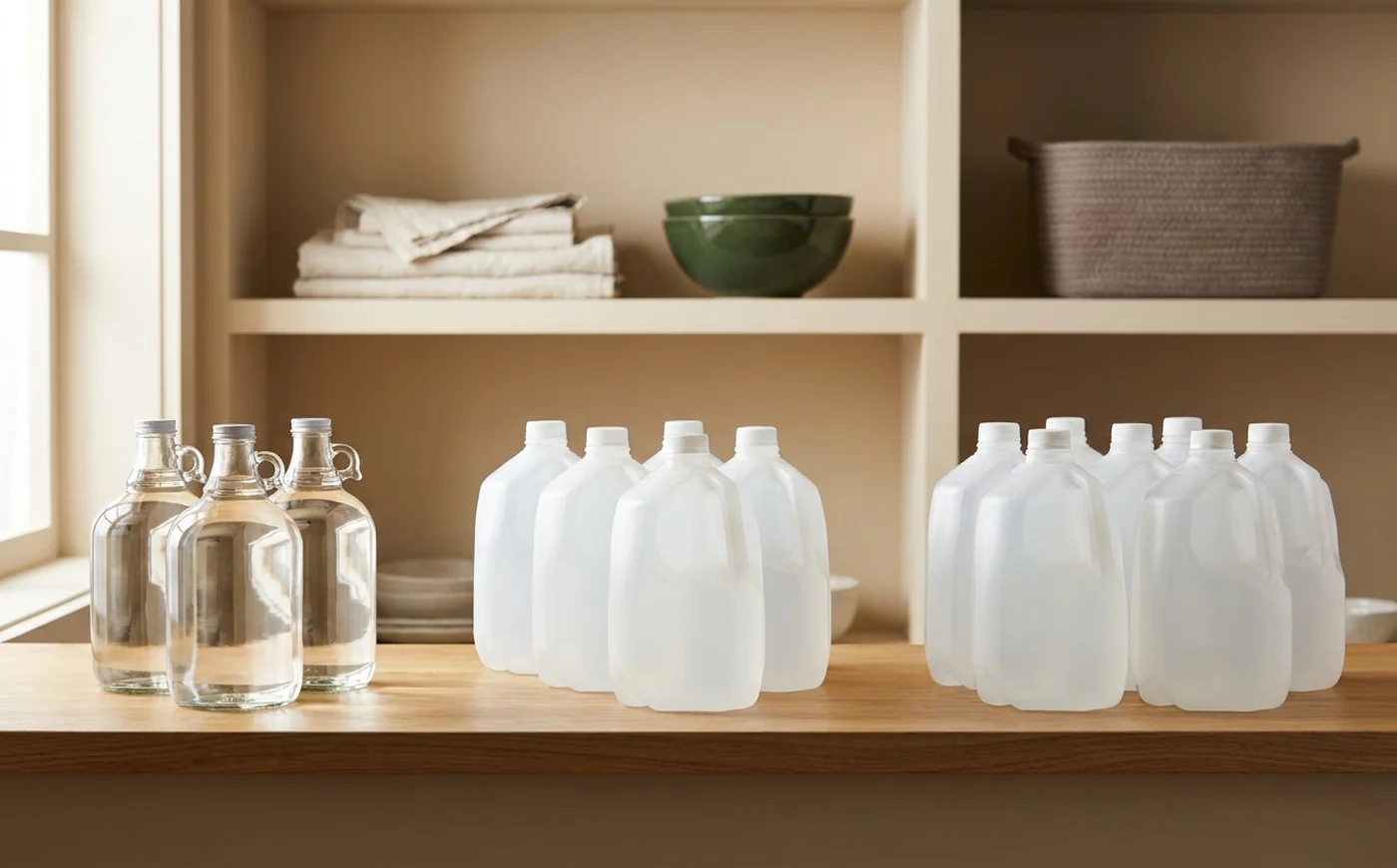 Grouped gallon water jugs showing small, medium and larger household water planning amounts