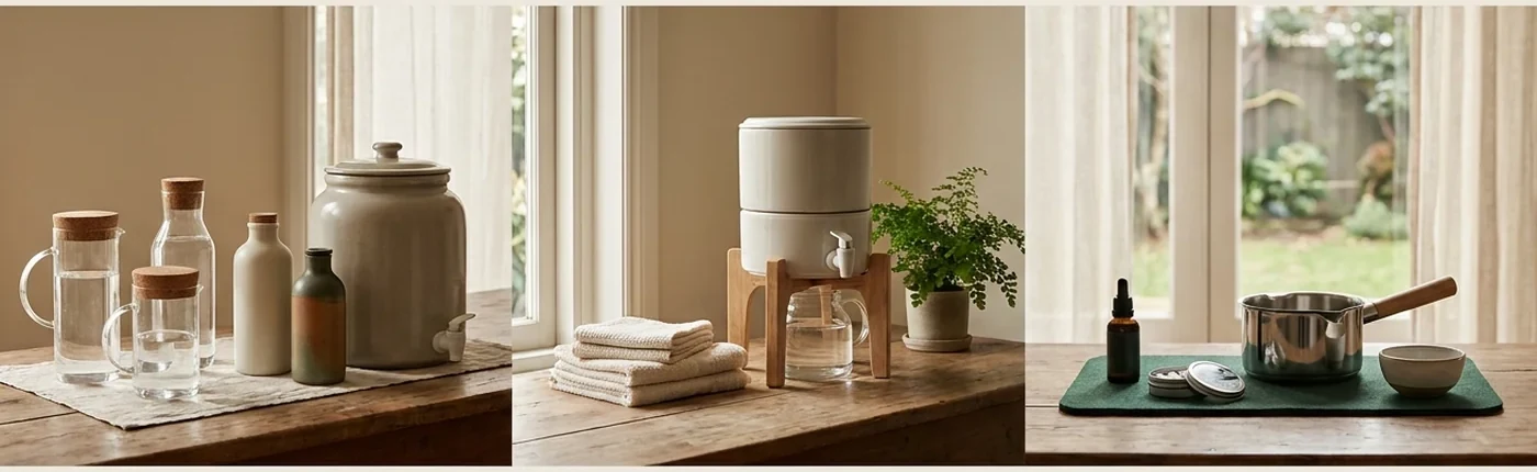 Clean water storage, a countertop gravity filter, and water treatment backup arranged as a three-layer water plan