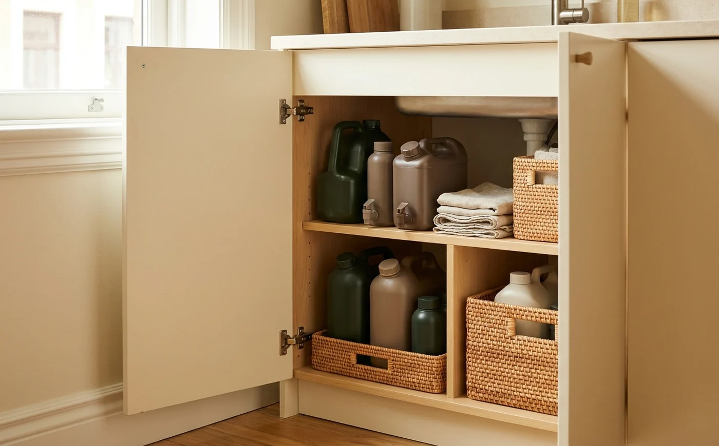 Compact water storage arranged in a small apartment cabinet