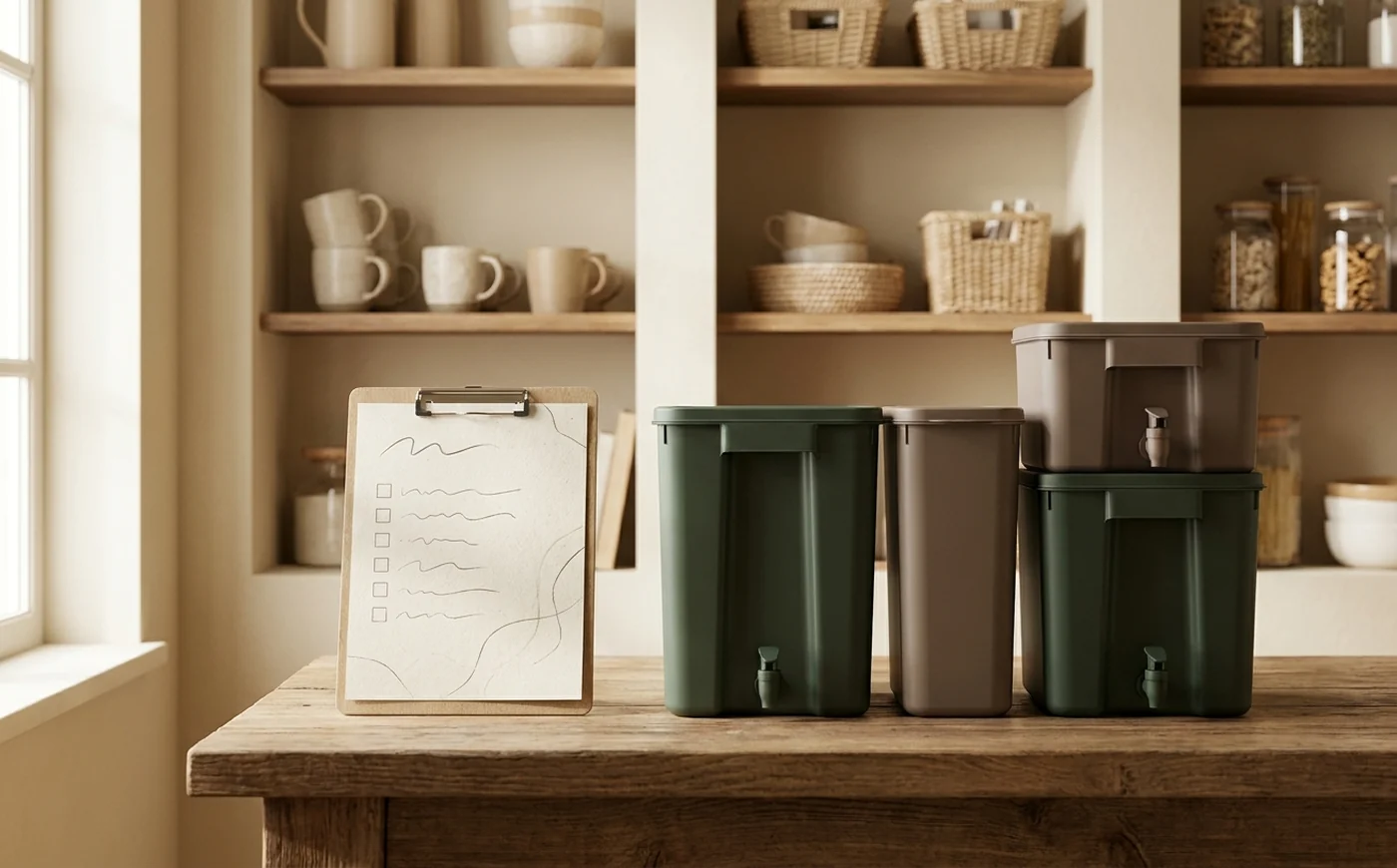 Simple water starter checklist beside clean water containers
