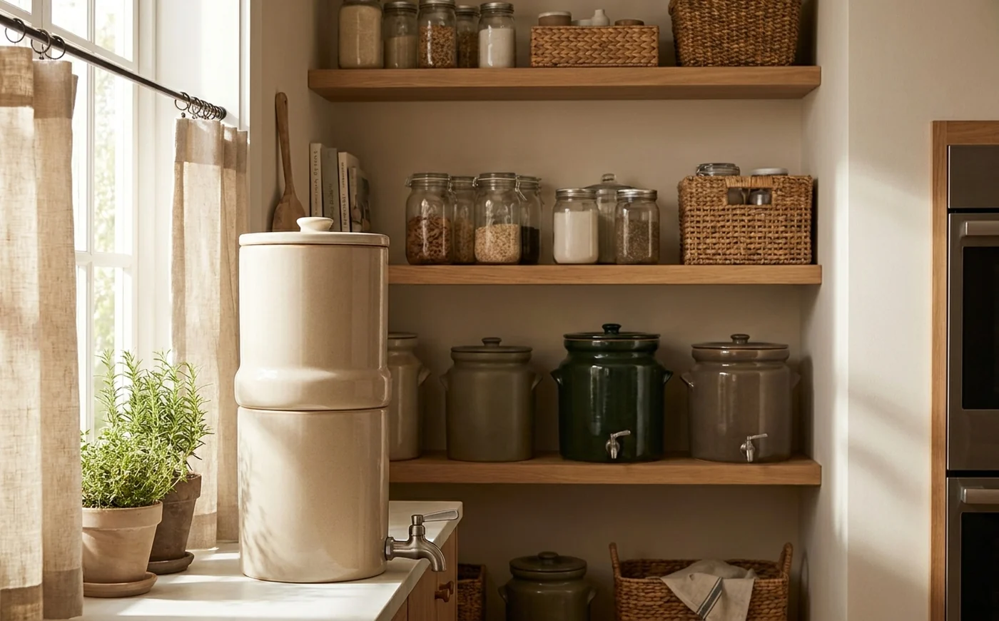 Countertop gravity filter and water containers in an organized pantry